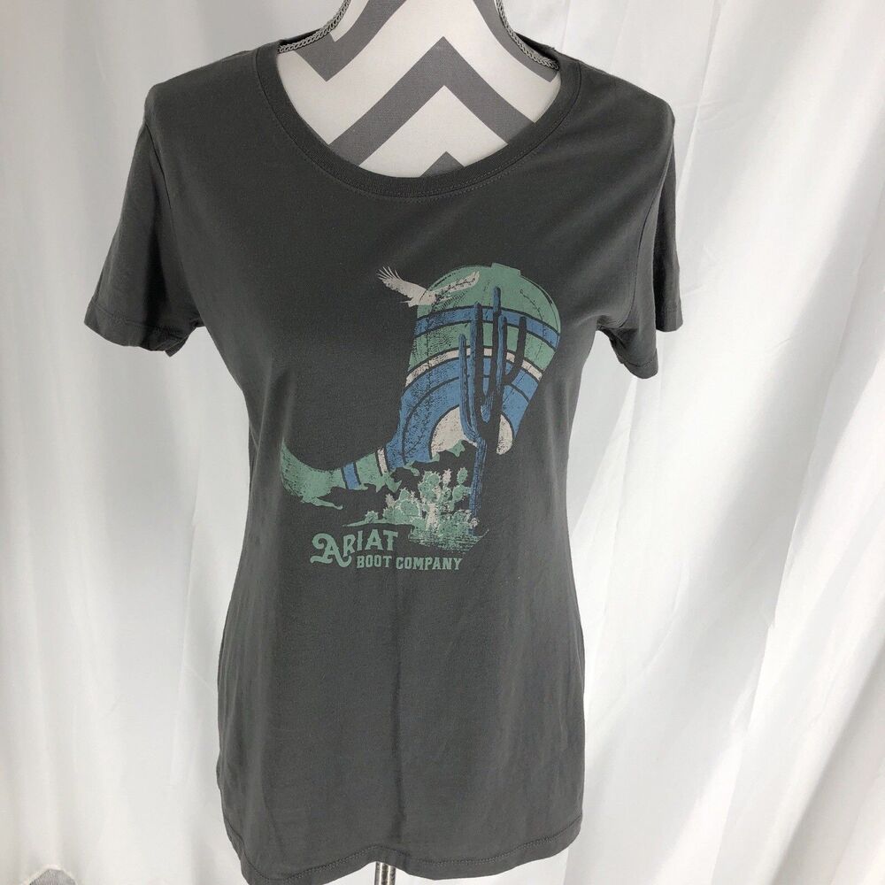 Ariat Buckle Womens Graphic T-Shirt Gray Western Boot Cactus Eagle Size L